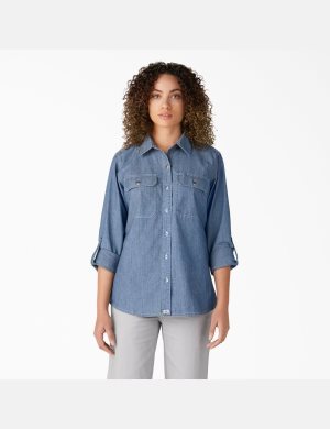 Dickies Chambray Roll-Tab Arbets Shirt Ljusblå | 851467-TME