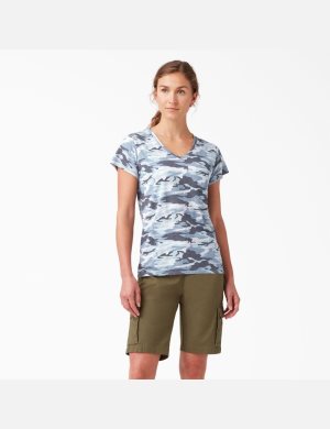 Dickies Korta Sleeve V-Neck Blå Camo | 983106-ALR