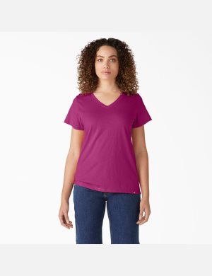 Dickies Korta Sleeve V-Neck Fuchsia | 536478-NXT