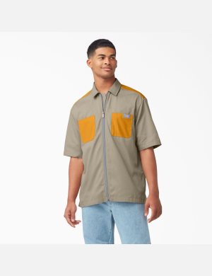 Dickies Mixed Media Zip Front Korta Sleeve Bruna Gula | 256409-FER