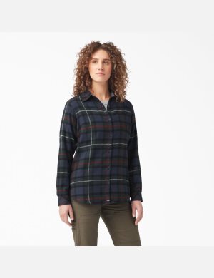 Dickies Plaid Flannel Long Sleeve Marinblå | 185360-RYU