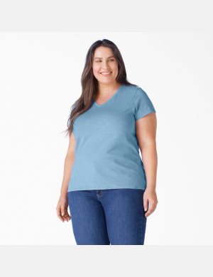 Dickies Plus Korta Sleeve V-Neck Blå | 107823-CLF