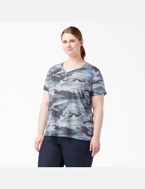 Dickies Plus Korta Sleeve V-Neck Blå Camo | 324501-DEW