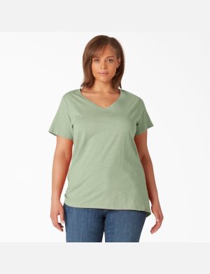 Dickies Plus Korta Sleeve V-Neck Gröna | 103854-VKW
