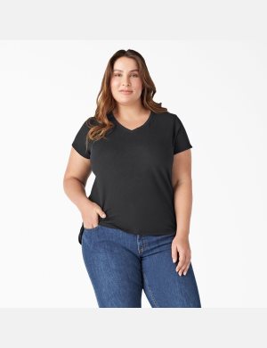 Dickies Plus Korta Sleeve V-Neck Svarta | 384069-OBV