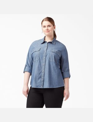 Dickies Plus Long Sleeve Chambray Roll-Tab Arbets Ljusblå | 398746-IXH